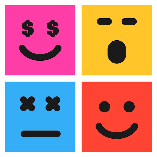 Set of four colorful emoticons with smiley, surprised  and dissatisfied faces. Emoji icon in square. Flat background pattern. Vector illustration