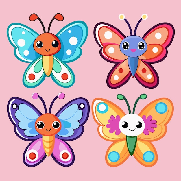 Set of four cute cartoon butterflies with different colors and patterns