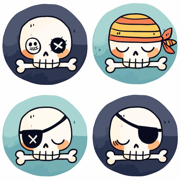 Vector set of four cute cartoon skulls with pirate themes featuring different styles playful expressions