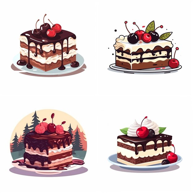 Vector a set of four different cakes with chocolate frosting and cherries on top