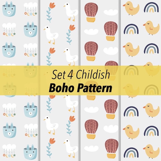 set of four different childish patterns including nursery element duck hot air balloon rainbow