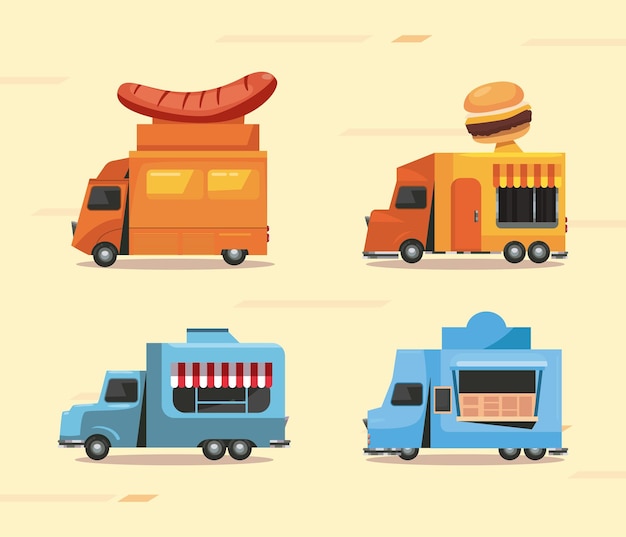 set of four flat food trucks