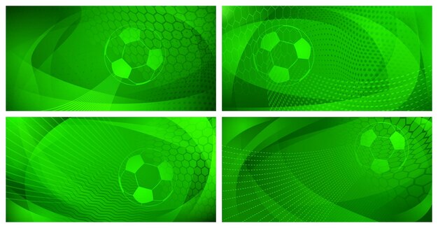 Set of four football or soccer backgrounds with big ball in green colors