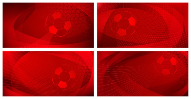 Set of four football or soccer backgrounds with big ball in red colors