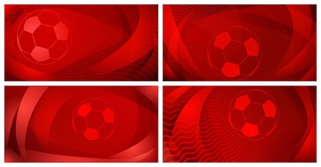 Set of four football or soccer backgrounds with big ball in red colors