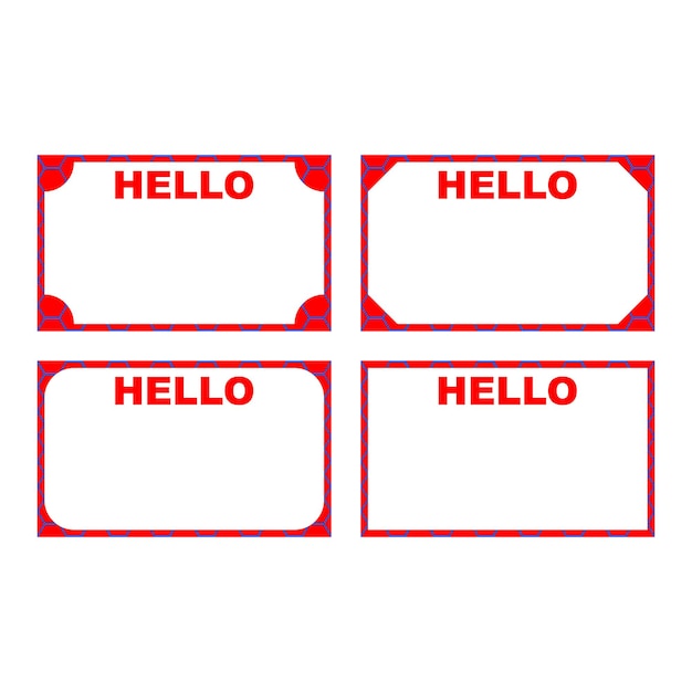 Set of four frames with the words hello and hello in red color Identity sticker on a white