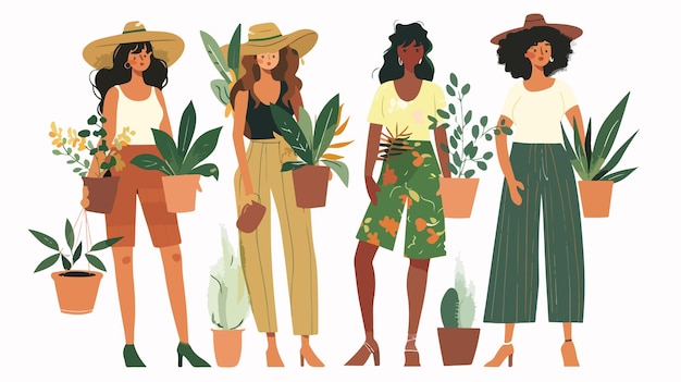 Set of Four Girls in Trendy Clothes Holding a Potted Plant