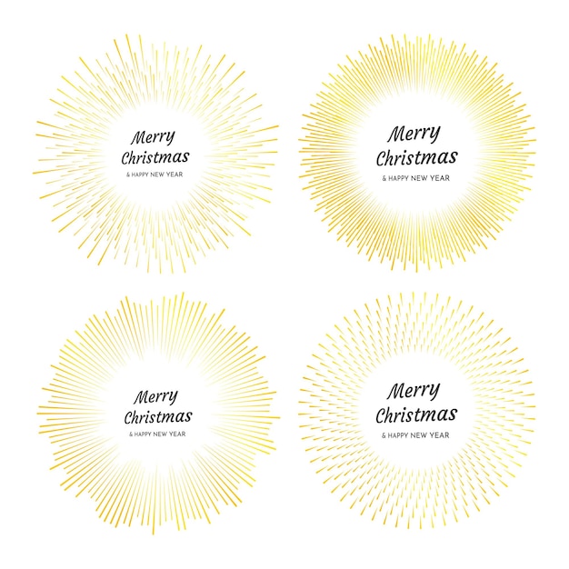 Set of four gold fireworks with Merry Christmas and Happy New Year inscription Explosion with line rays Christmas card isolated on white background Vector illustration