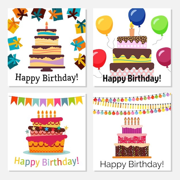 Set of four greeting cards with sweet cake for birthday celebration