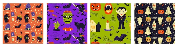 Set of four Halloween vector patterns.