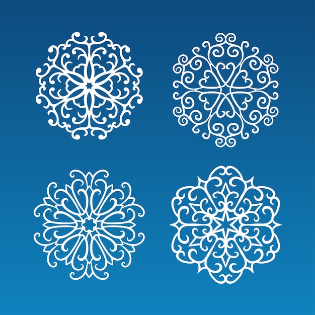 set of four hand drawn white curly snowflakes