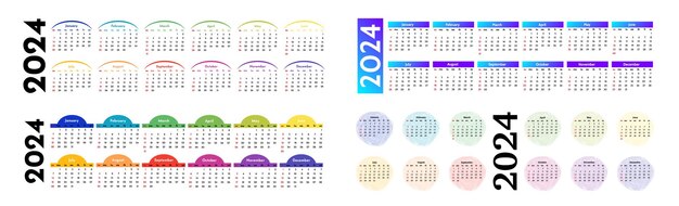 Set of four horizontal calendars for 2024 isolated on a white background Sunday to Monday