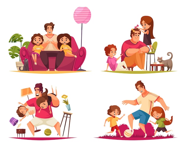 Set of four isolated compositions with doodle characters of adult male and children in various situations illustration