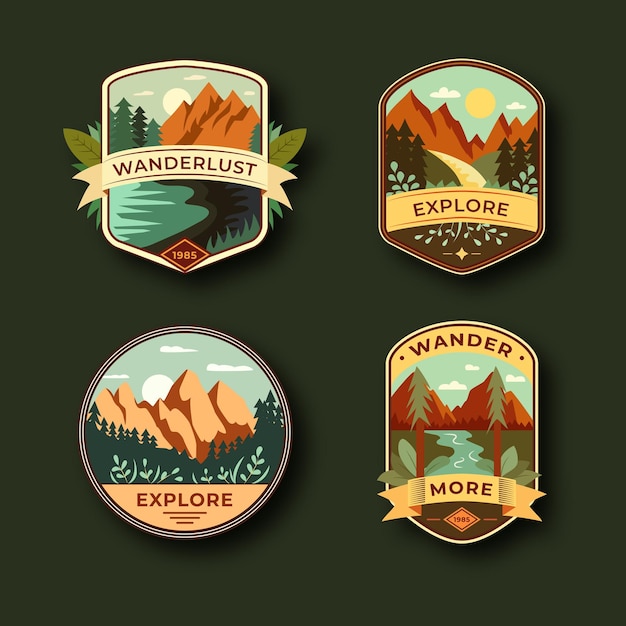 Set of four mountain travel emblems Camping outdoor adventure emblems badges