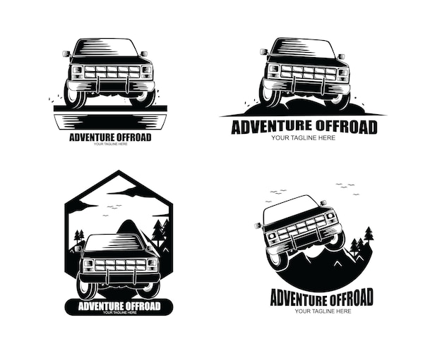 Set of four offroad car monochrome labels emblems badges or logos isolated on white background