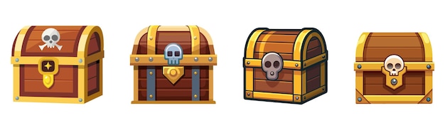 Set of four pirate treasure chests with skull motifs each with a unique design Colorful detailed