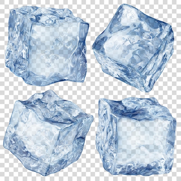 Set of four realistic translucent ice cubes in blue color isolated on transparent background