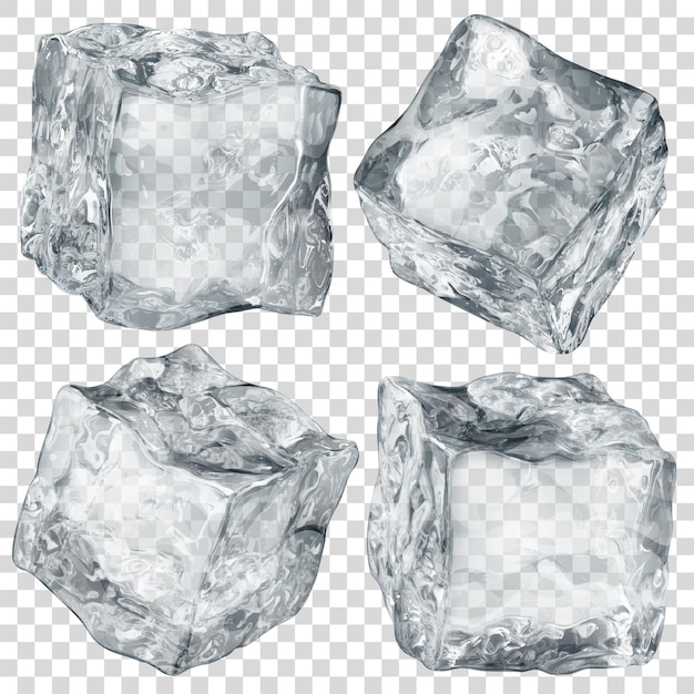 Set of four realistic translucent ice cubes in gray color isolated on transparent background.