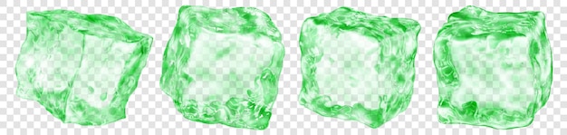 Set of four realistic translucent ice cubes in green color isolated on transparent background Transparency only in vector format