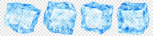 Set of four realistic translucent ice cubes in light blue color isolated on transparent background Transparency only in vector format