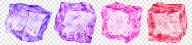 Set of four realistic translucent ice cubes in red pink and purple colors isolated on transparent background Transparency only in vector format