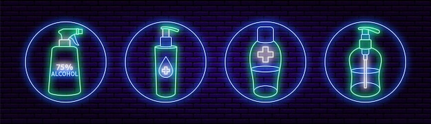 A set of four round neon icons, antiseptics or antibacterial agents. Against a brick wall. Personal hygiene, hand washing and cleaning. For a pharmaceutical online store. Green blue and white color.