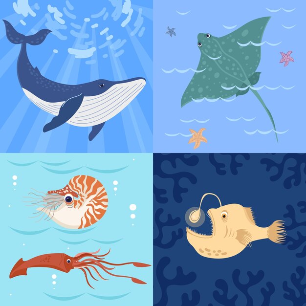 Vector set of four sealife cartoon illustrations