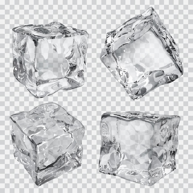 Set of four transparent ice cubes in gray colors