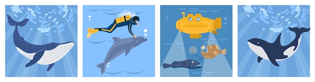 Set of four underwater illustrations