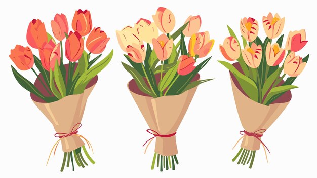 Vector a set of four vases of tulips with a ribbon tied around them