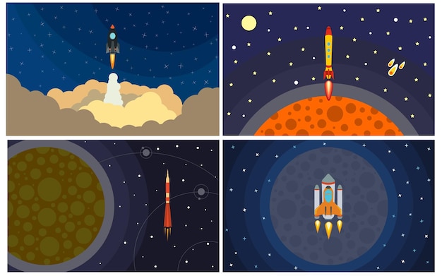 Set of four vector illustration with flying rocket Space travelxA