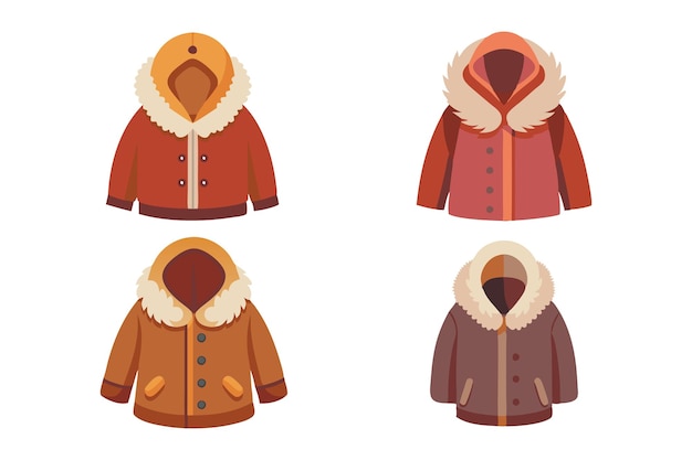 Set of four winter jackets in different colors with furlined hoods on white background