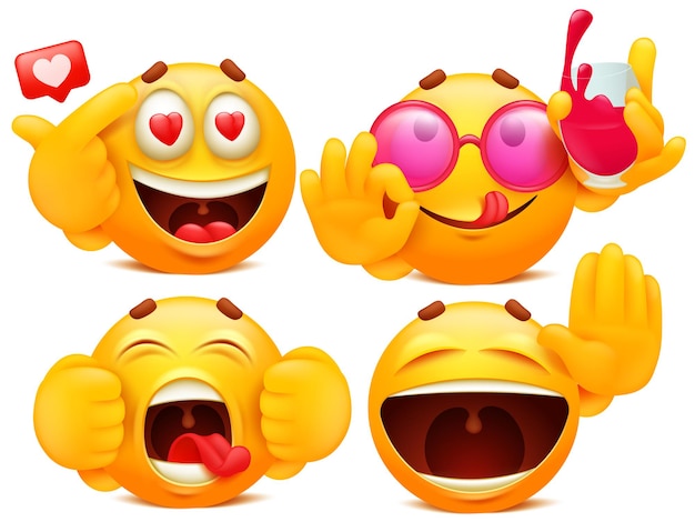 Set of four yellow cartoon emoji charaters in various situations.