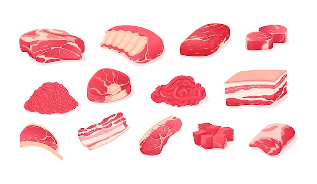 Set fragments of pork beef meat Assortment of meat slices