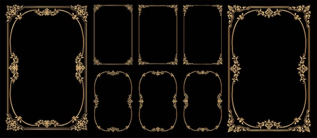 Set of Frames and Borders on Black bacground, Gold photo frame with corner