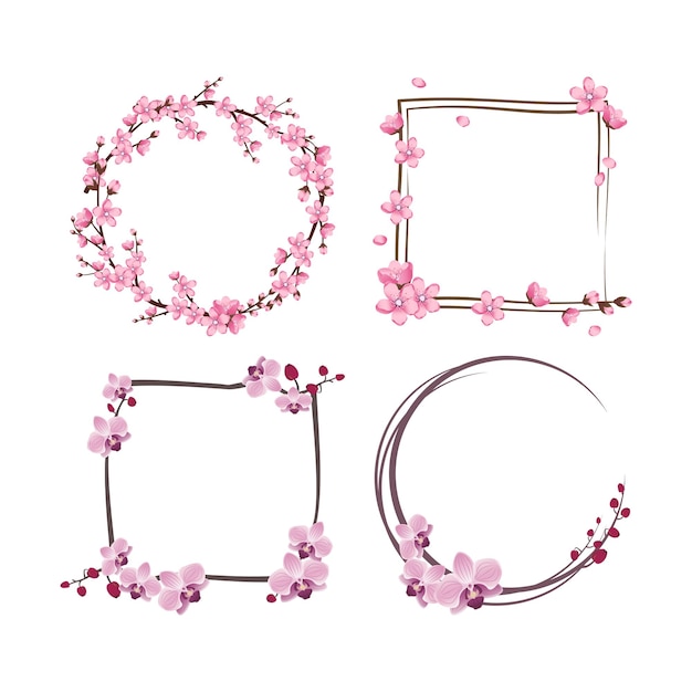 Set of frames with sakura and orchid flowers. Pink cute cherry wreaths.