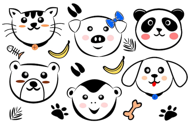 Set of free hand draw cute animals head