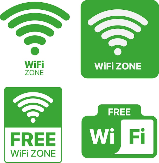 Vector set of free wifi and zone sign remote access and radio waves communication symbols