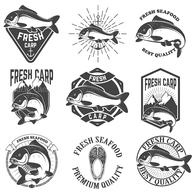 Set of the fresh carp labels, emblems and design elements