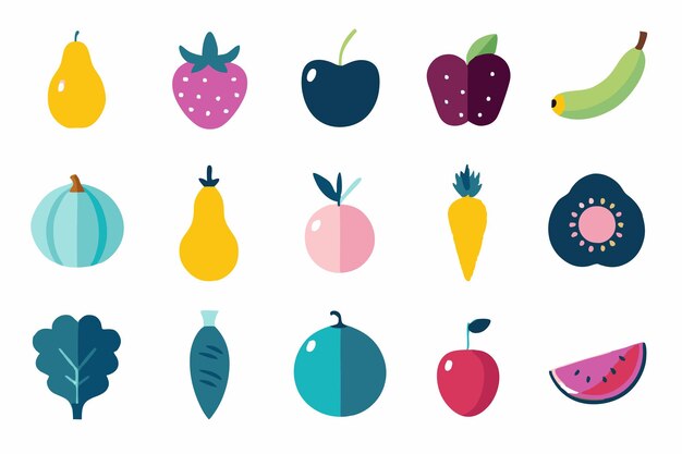 A set of fresh fruit and vegetable flat illustration on white background