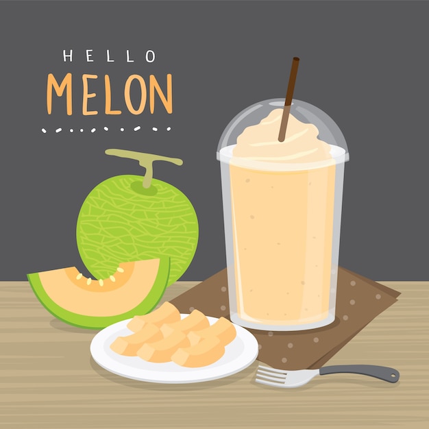 Set of fresh Japanese melons, orange melon or cantaloupe melon with smoothie. Cartoon  illustration