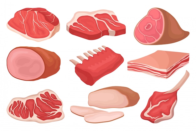   set of fresh meat products. Food icons. Raw beef, pork, ribs of lamb, smoked ham and lard