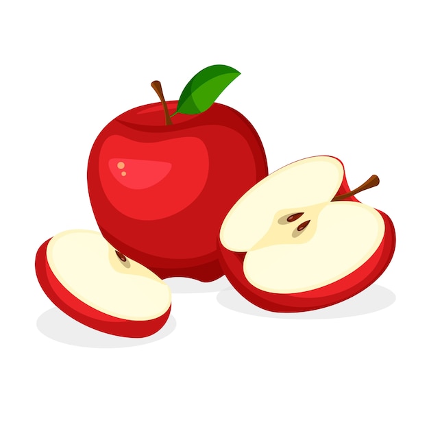 Set of fresh whole, half, cut slice and piece of red apple isolated on white background. Vegan food icons in a trendy cartoon style. Healthy concept.