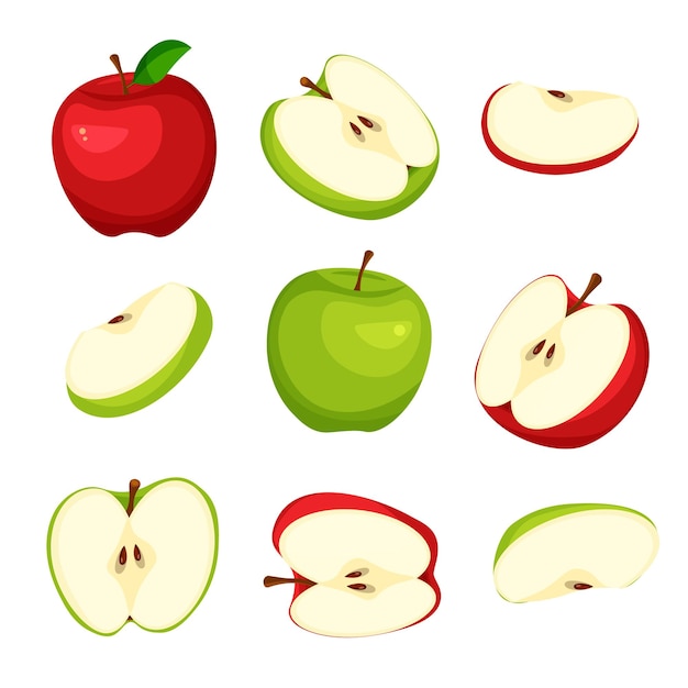 Set of fresh whole half cut slice of red and green apple Vegan food vector icons in trendy style