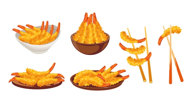 Set of fried shrimp or Tempura shrimp on chopsticks and plates isolated on white background