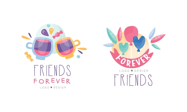 Set of Friends Forever Logo Happy Friendship Hand Drawn Badges Banner Poster Card Tshirt Design Vector Illustration