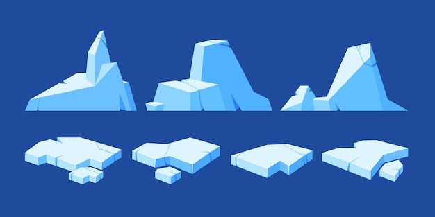 Set of Frozen Ice Floe Blocks Floating Iceberg Blue Winter Iced Lumps Snowdrift Cap Ice Cube With Slippery Surface