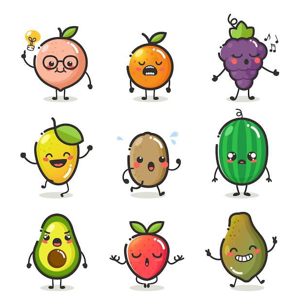 Set of fruit cartoon mascot in different action emotion