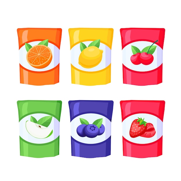 Set of fruit juice packages cartoon vector illustration Juices Apple lemon orange strawberry cherry blueberry Set of 6 Colorful juice packs