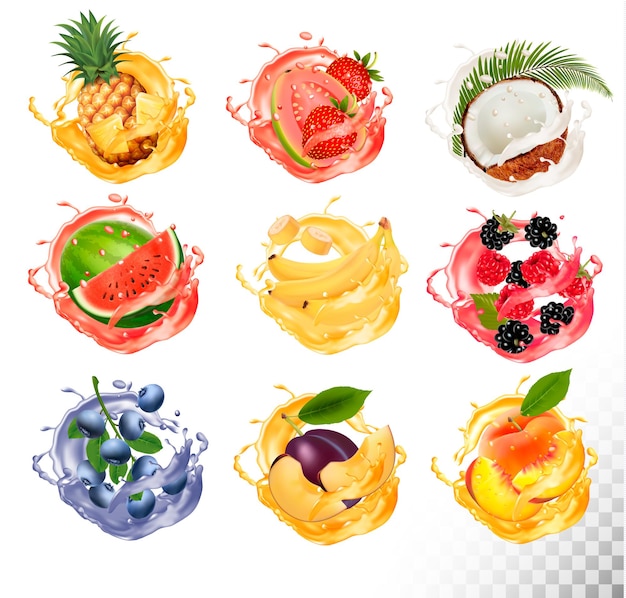 Set of fruit juice splash. Pineapple, strawberry, watermelon, mango, peach, blackberry, raspberry, banana, guava, bueberry, coconut. Vector